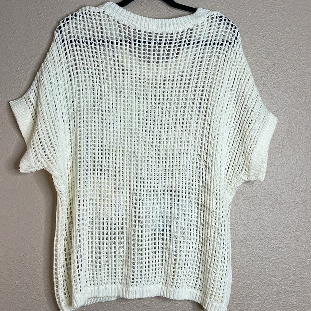 Women’s Ivory White Open-Knit Sweater with Colorful Crochet Flowers Sz XL - Picture 6 of 8